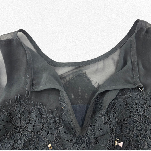 Meadow Rue Black Lace Peplum Tank Top Beaded Sleeveless Blouse Size Medium - Picture 7 of 10